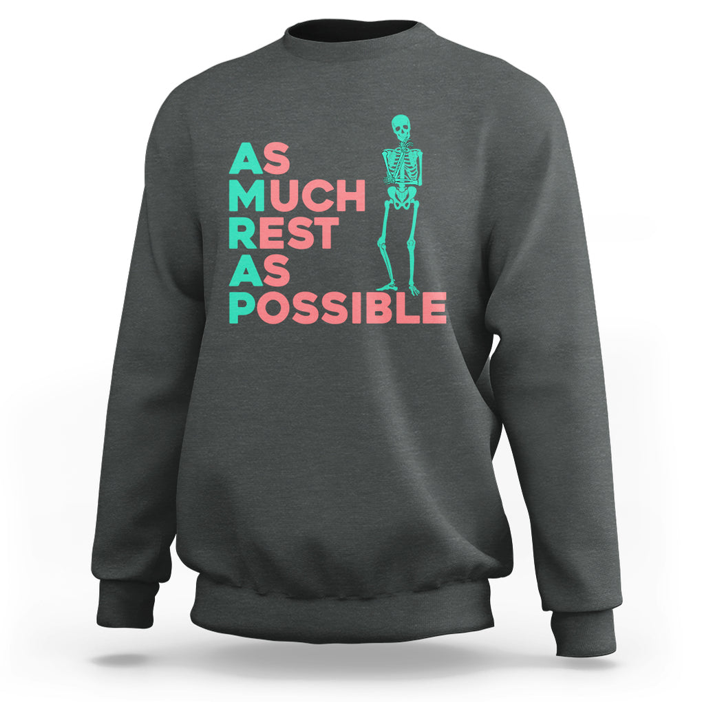 Workout Skeleton Sweatshirt As Much Rest As Possible AMRAP Lazy Skeleton Funny Gym Quotes TS02 Dark Heather Printyourwear