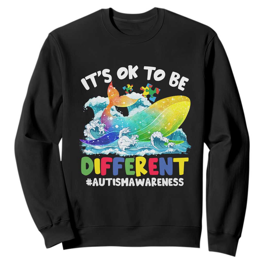 Whale Autism Awareness Sweatshirt It's Ok To Be Different Support Squad Mental Health TS02 Black Printyourwear