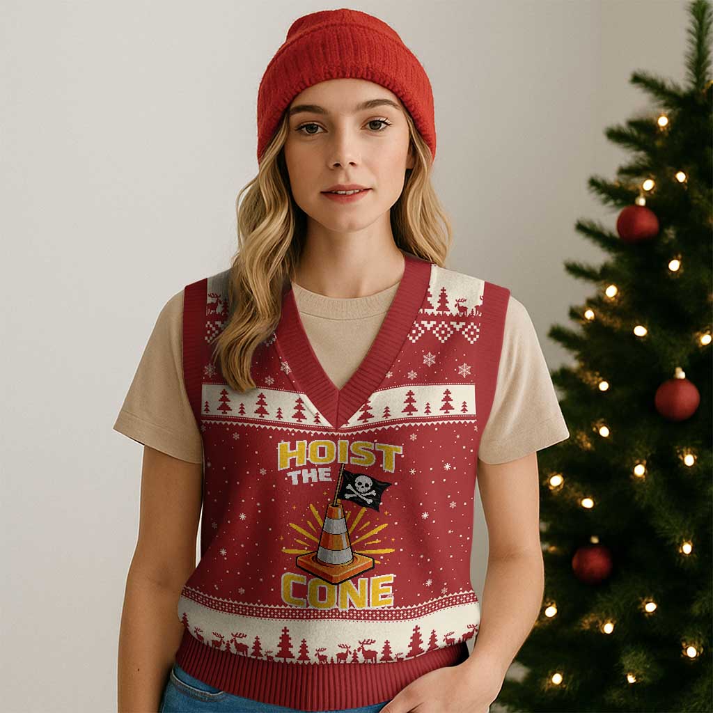 Hoist The Cone Jolly Roger Victory V-Neck Knit Sweater Vest Pirate Skull Baseball Sports Fan IYKYK Meme TS02 Red Beige Print Your Wear