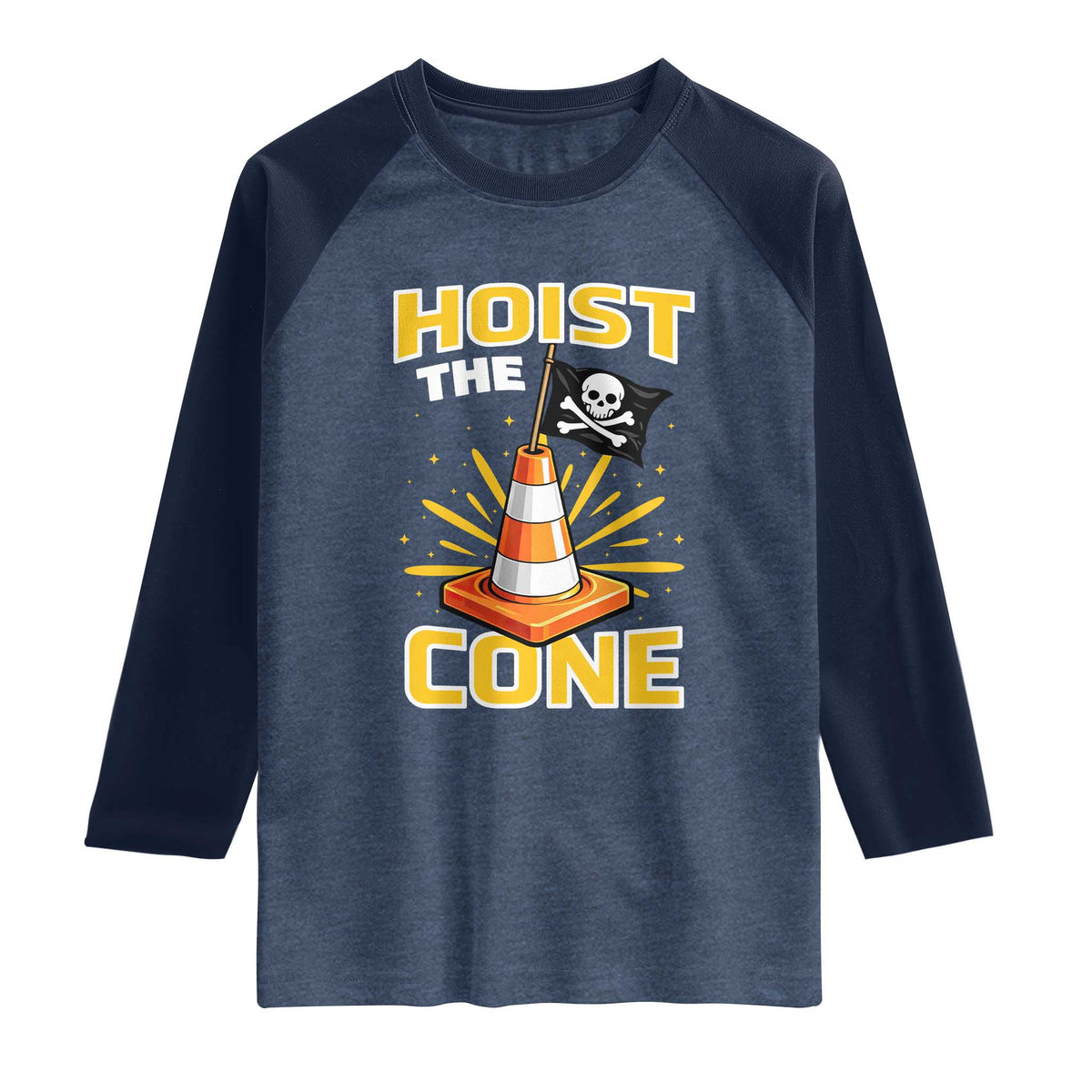 Hoist The Cone Jolly Roger Victory Raglan Shirt Pirate Skull Baseball Sports Fan IYKYK Meme TS02 Heather Denim Navy Print Your Wear