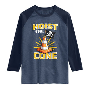 Hoist The Cone Jolly Roger Victory Raglan Shirt Pirate Skull Baseball Sports Fan IYKYK Meme TS02 Heather Denim Navy Print Your Wear