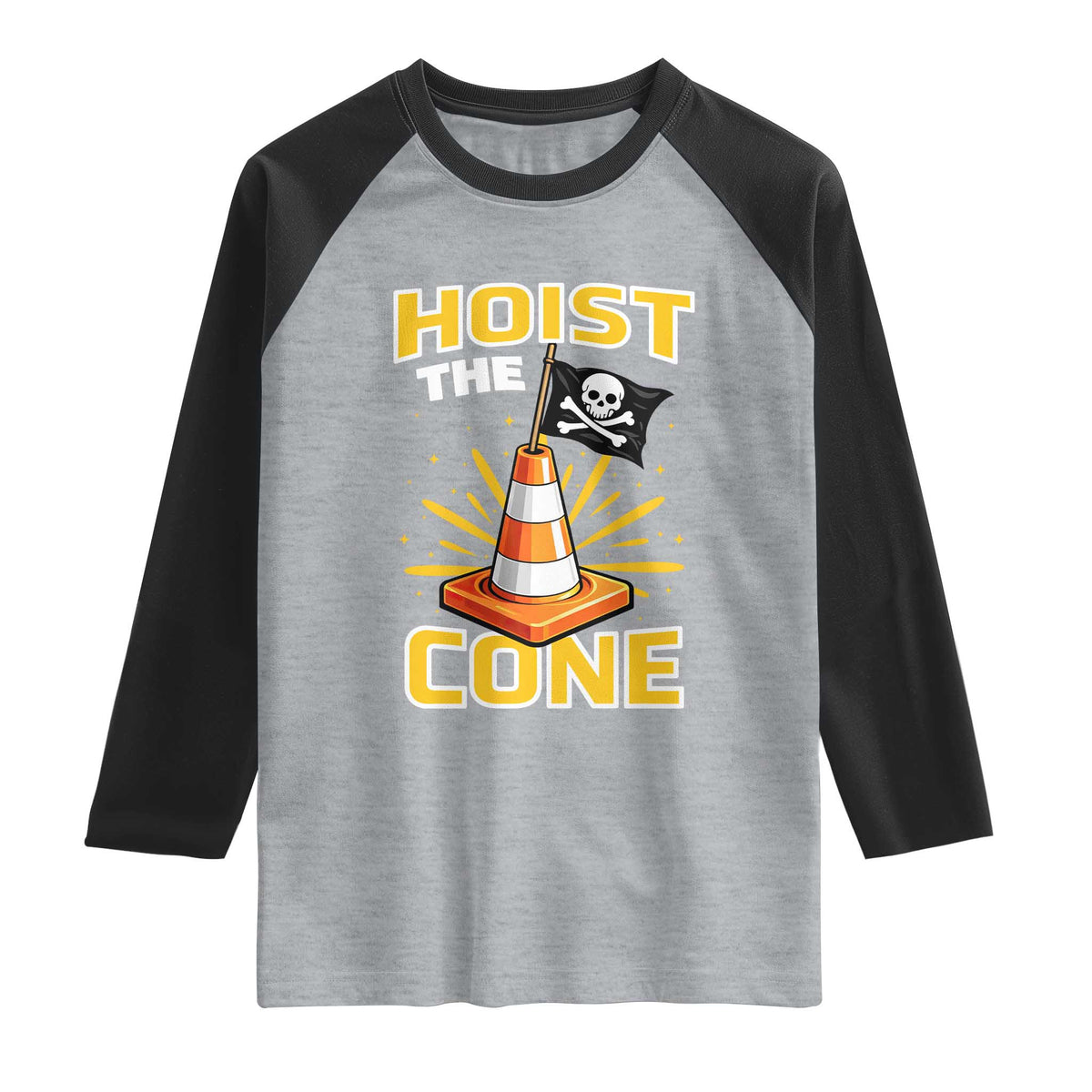 Hoist The Cone Jolly Roger Victory Raglan Shirt Pirate Skull Baseball Sports Fan IYKYK Meme TS02 Heather Gray Black Print Your Wear