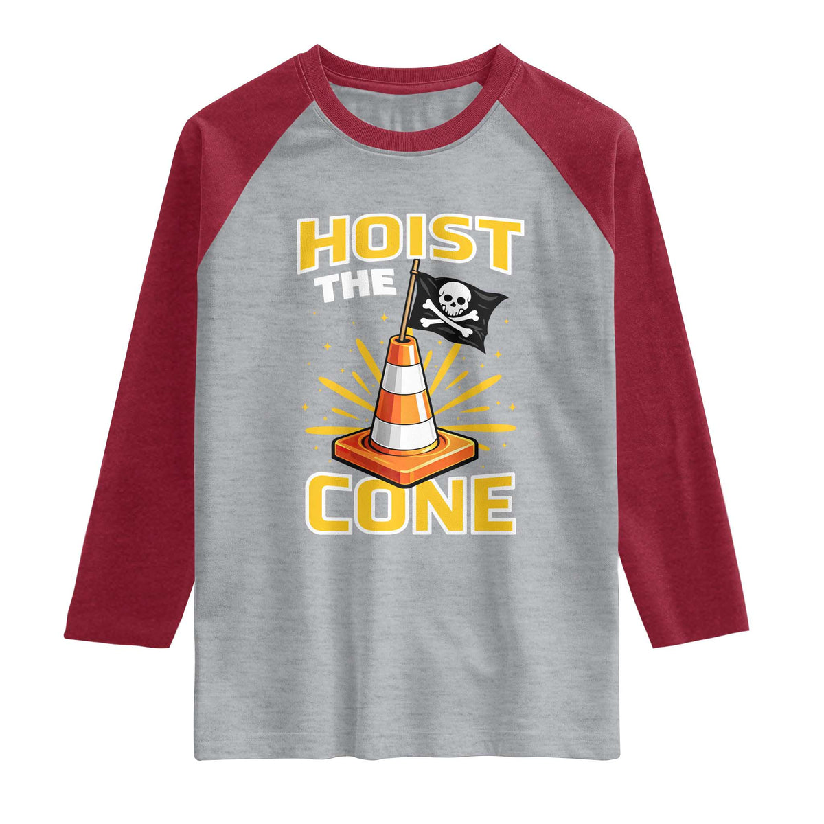 Hoist The Cone Jolly Roger Victory Raglan Shirt Pirate Skull Baseball Sports Fan IYKYK Meme TS02 Heather Gray Heather Red Print Your Wear