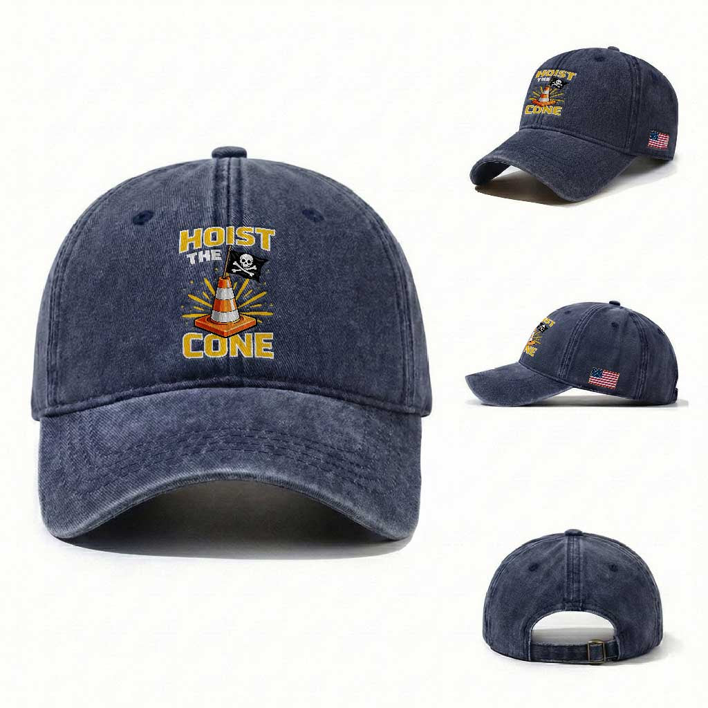 Hoist The Cone Jolly Roger Victory Washed Cotton Baseball Cap Pirate Skull Baseball Sports Fan IYKYK Meme TS02 Washed Cap Universal Fit Navy Print Your Wear