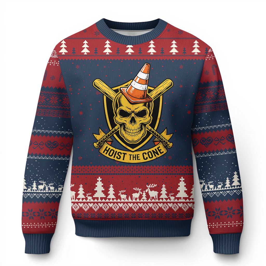 Funny Hoist The Cone Skull Ugly Christmas Sweater IYKYK Meme Gritty Victory Celebration Sports Fan TS02 Navy Red Print Your Wear