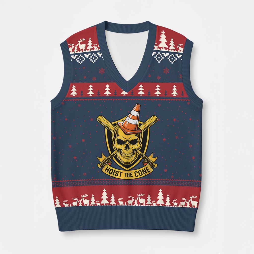 Funny Hoist The Cone Skull V-Neck Knit Sweater Vest IYKYK Meme Gritty Victory Celebration Sports Fan TS02 Navy Red Print Your Wear