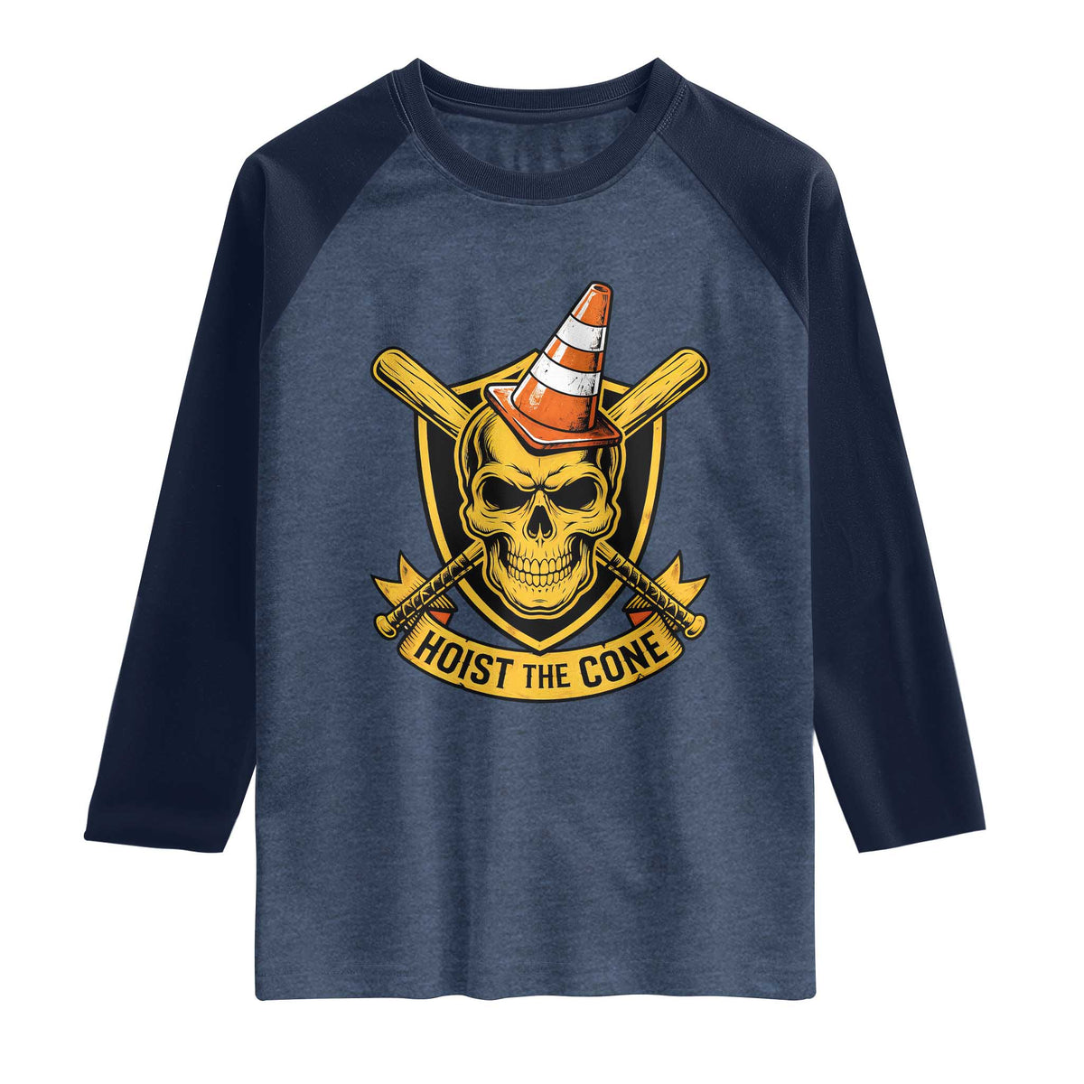 Funny Hoist The Cone Skull Raglan Shirt IYKYK Meme Gritty Victory Celebration Sports Fan TS02 Heather Denim Navy Print Your Wear
