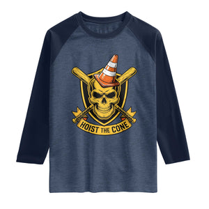 Funny Hoist The Cone Skull Raglan Shirt IYKYK Meme Gritty Victory Celebration Sports Fan TS02 Heather Denim Navy Print Your Wear