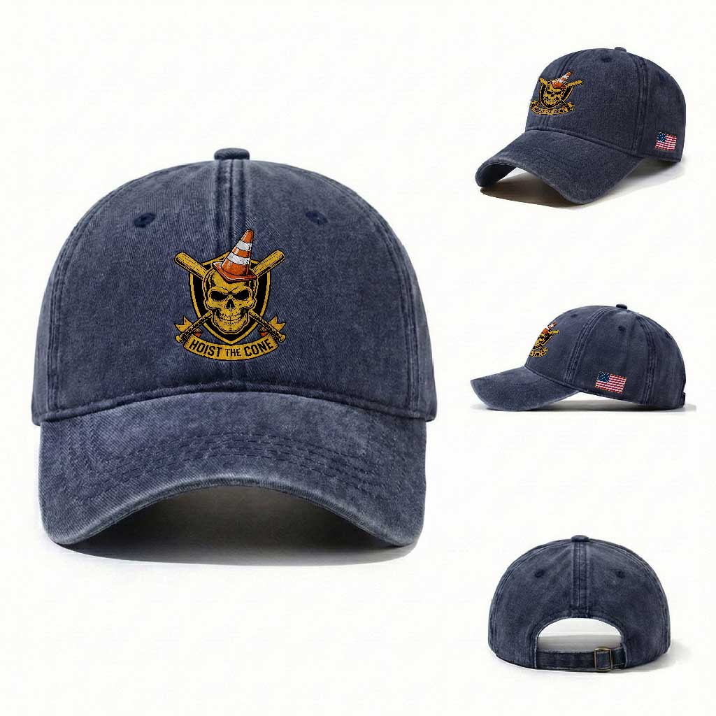 Funny Hoist The Cone Skull Washed Cotton Baseball Cap IYKYK Meme Gritty Victory Celebration Sports Fan TS02 Washed Cap Universal Fit Navy Print Your Wear