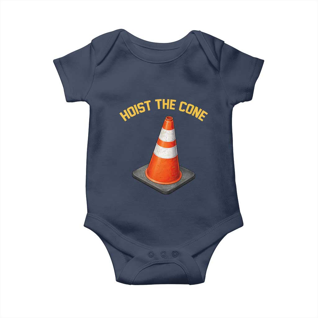 Vintage Hoist The Cone Victory Graphic Baby Onesie Funny Baseball Fan Pride Celebration IYKYK Meme TS02 Navy Print Your Wear