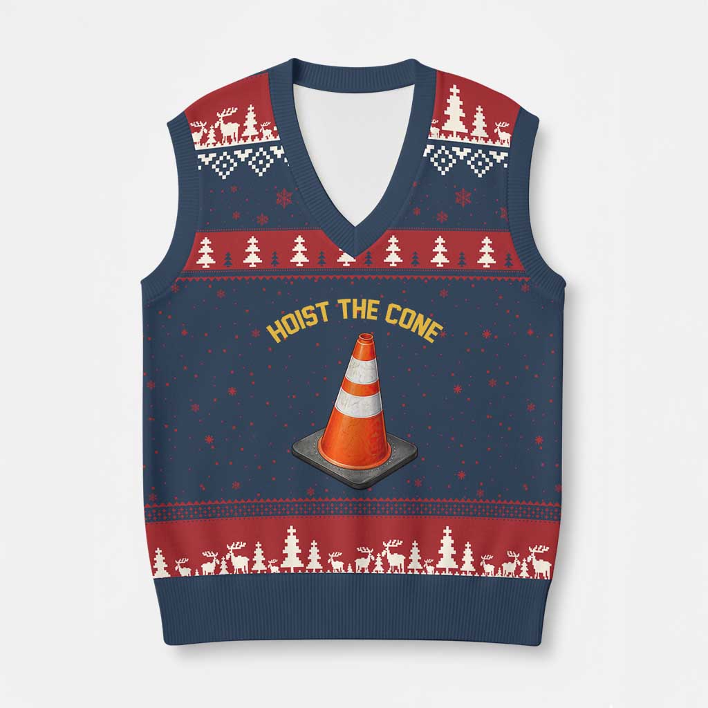 Vintage Hoist The Cone Victory Graphic V-Neck Knit Sweater Vest Funny Baseball Fan Pride Celebration IYKYK Meme TS02 Navy Red Print Your Wear