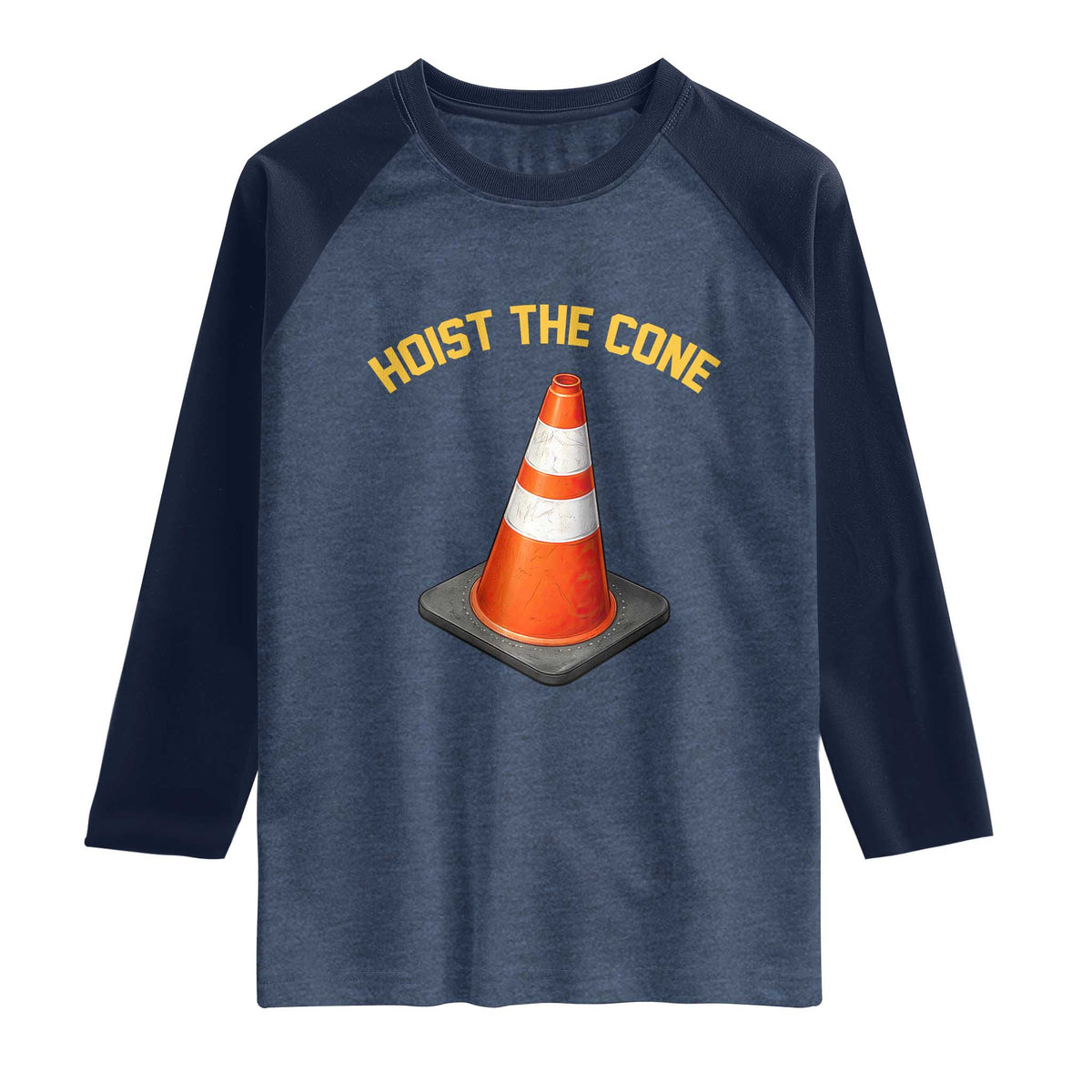 Vintage Hoist The Cone Victory Graphic Raglan Shirt Funny Baseball Fan Pride Celebration IYKYK Meme TS02 Heather Denim Navy Print Your Wear