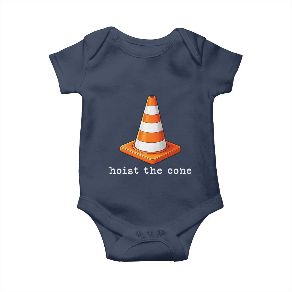 Minimalist Hoist The Cone Typography Baby Onesie Funny Baseball Fan Pride Celebration IYKYK Meme TS02 Navy Print Your Wear