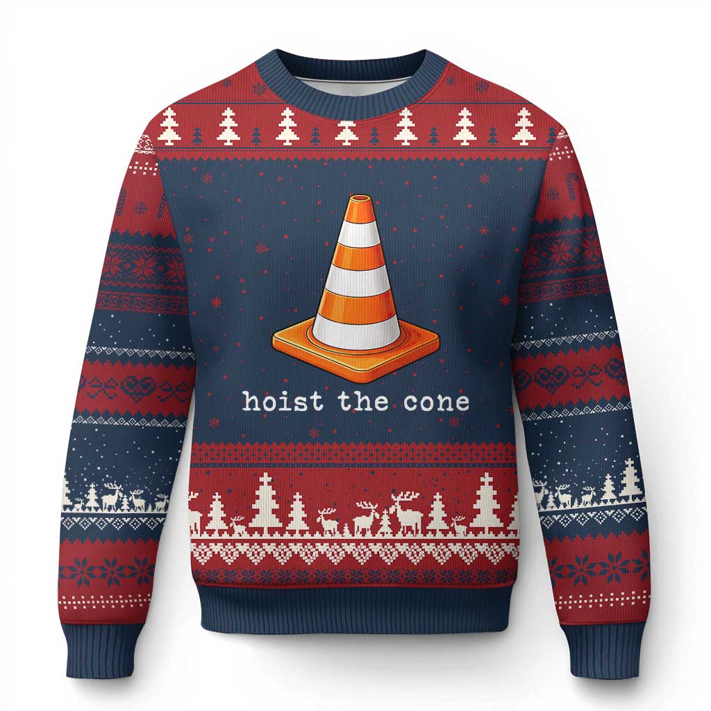 Minimalist Hoist The Cone Typography Ugly Christmas Sweater Funny Baseball Fan Pride Celebration IYKYK Meme TS02 Navy Red Print Your Wear