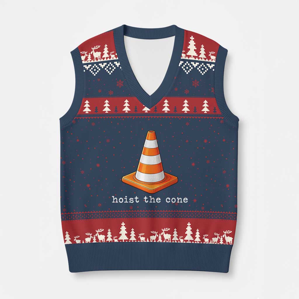 Minimalist Hoist The Cone Typography V-Neck Knit Sweater Vest Funny Baseball Fan Pride Celebration IYKYK Meme TS02 Navy Red Print Your Wear
