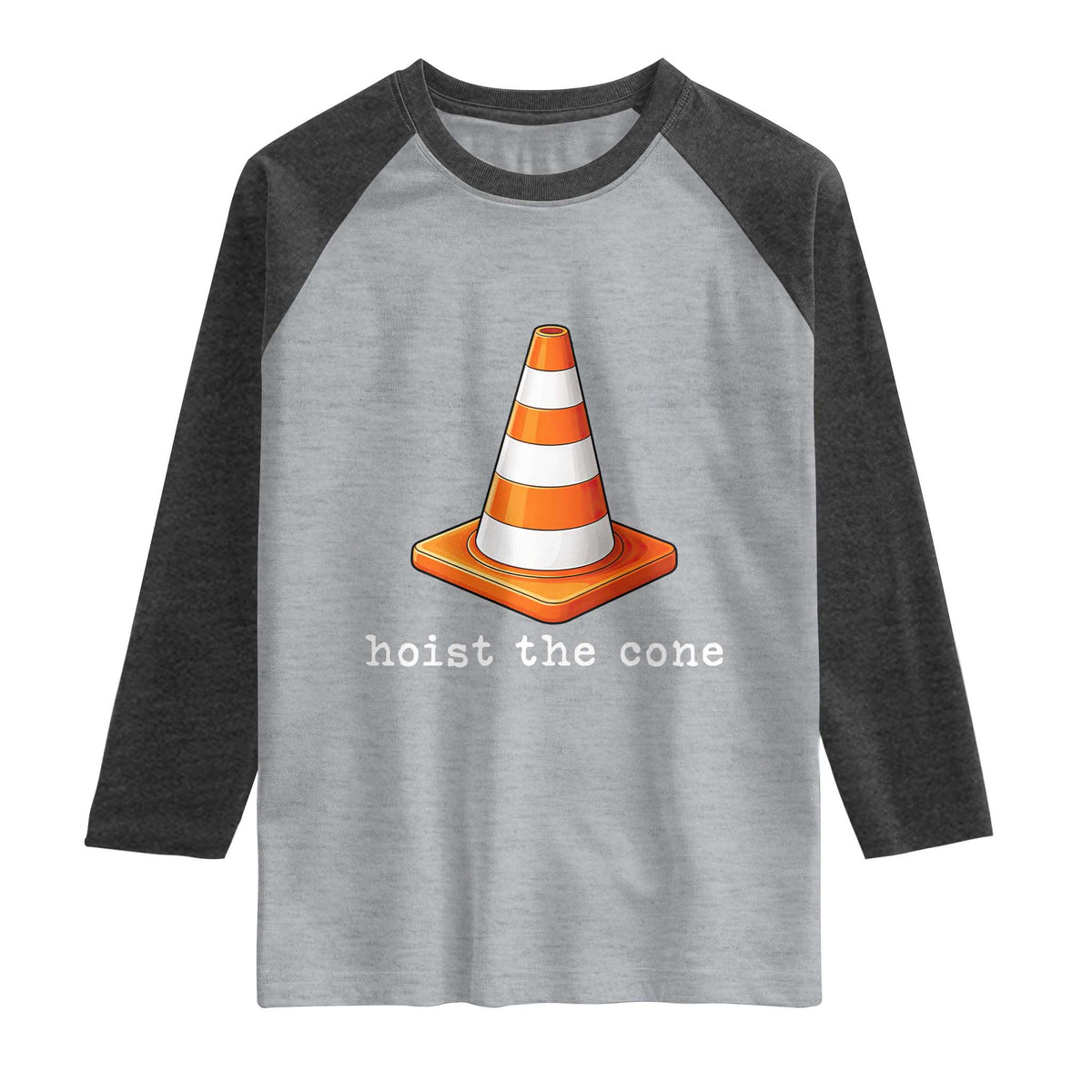 Minimalist Hoist The Cone Typography Raglan Shirt Funny Baseball Fan Pride Celebration IYKYK Meme TS02 Heather Gray Heather Charcoal Print Your Wear