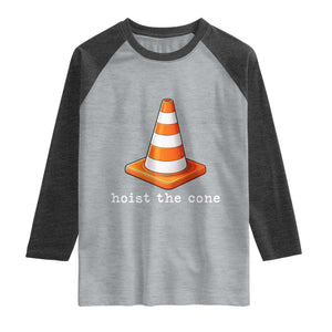 Minimalist Hoist The Cone Typography Raglan Shirt Funny Baseball Fan Pride Celebration IYKYK Meme TS02 Heather Gray Heather Charcoal Print Your Wear