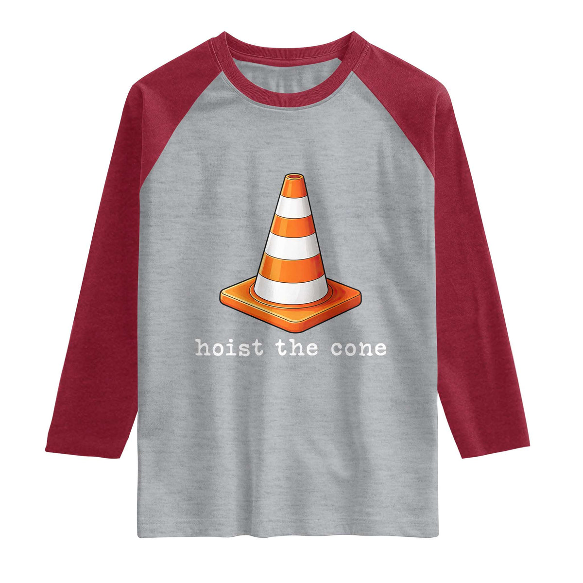 Minimalist Hoist The Cone Typography Raglan Shirt Funny Baseball Fan Pride Celebration IYKYK Meme TS02 Heather Gray Heather Red Print Your Wear