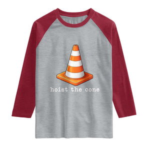 Minimalist Hoist The Cone Typography Raglan Shirt Funny Baseball Fan Pride Celebration IYKYK Meme TS02 Heather Gray Heather Red Print Your Wear