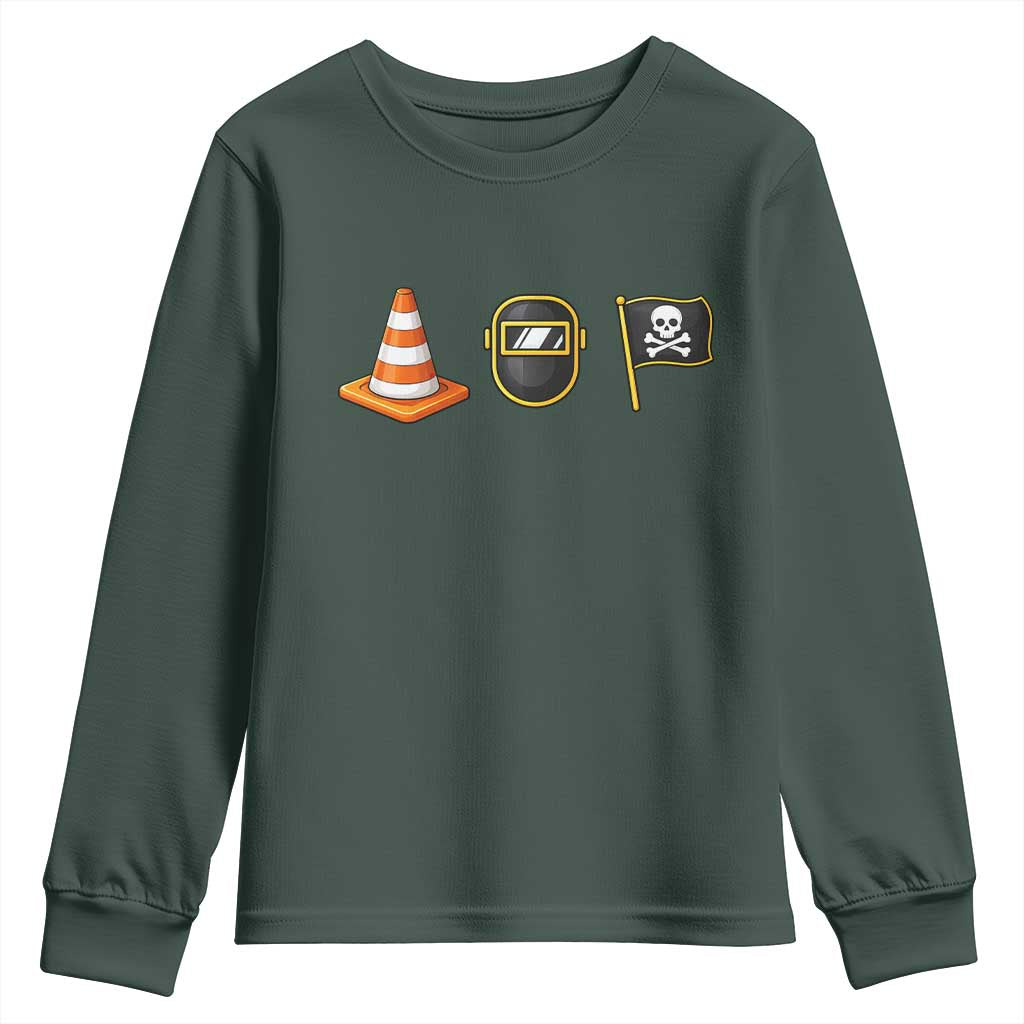 Pittsburgh Victory Icons Rebus Graphic IYKYK Meme Youth Sweatshirt Hoist The Cone Welding Mask Jolly Roger Flag TS02 Dark Forest Green Print Your Wear