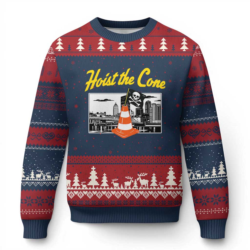 Pittsburgh Skyline Victory Hoist The Cone Meme Ugly Christmas Sweater Funny Sports Fan Celebration TS02 Navy Red Print Your Wear
