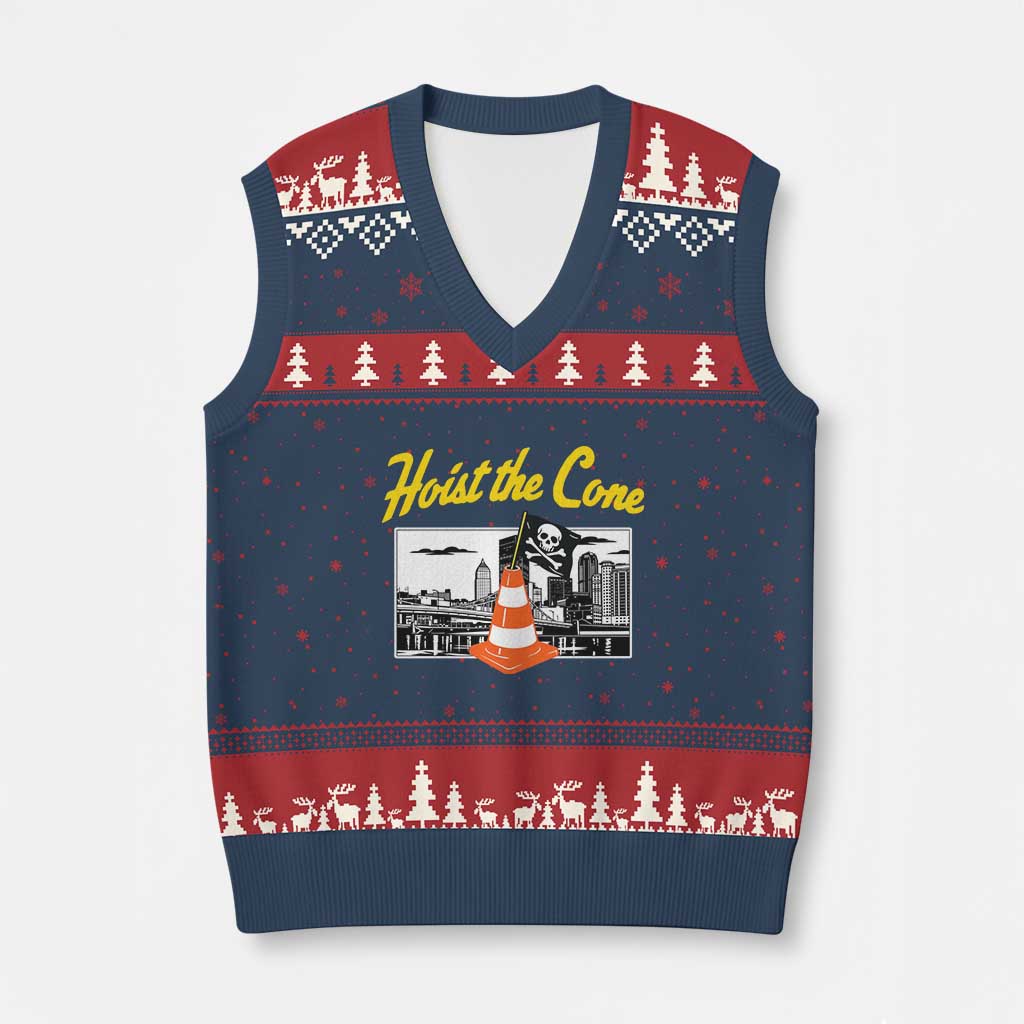 Pittsburgh Skyline Victory Hoist The Cone Meme V-Neck Knit Sweater Vest Funny Sports Fan Celebration TS02 Navy Red Print Your Wear