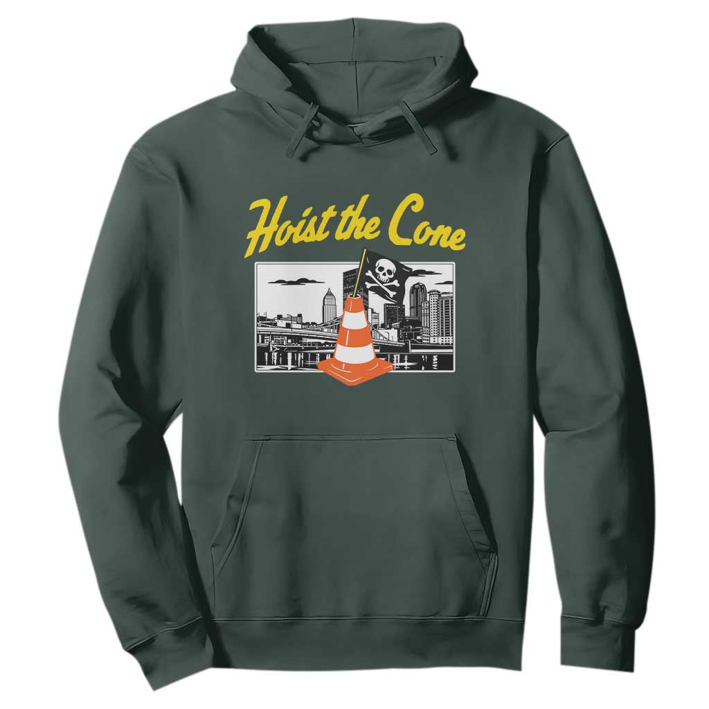 Pittsburgh Skyline Victory Hoist The Cone Meme Hoodie Funny Sports Fan Celebration TS02 Dark Forest Green Print Your Wear