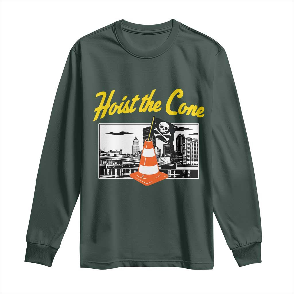 Pittsburgh Skyline Victory Hoist The Cone Meme Long Sleeve Shirt Funny Sports Fan Celebration TS02 Dark Forest Green Print Your Wear