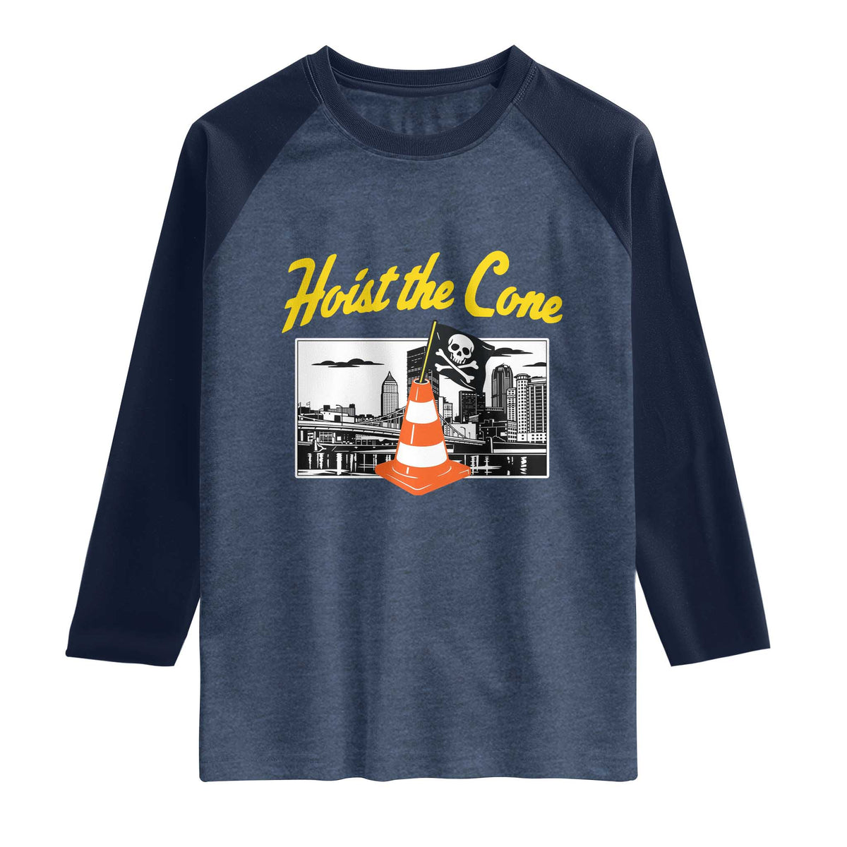 Pittsburgh Skyline Victory Hoist The Cone Meme Raglan Shirt Funny Sports Fan Celebration TS02 Heather Denim Navy Print Your Wear