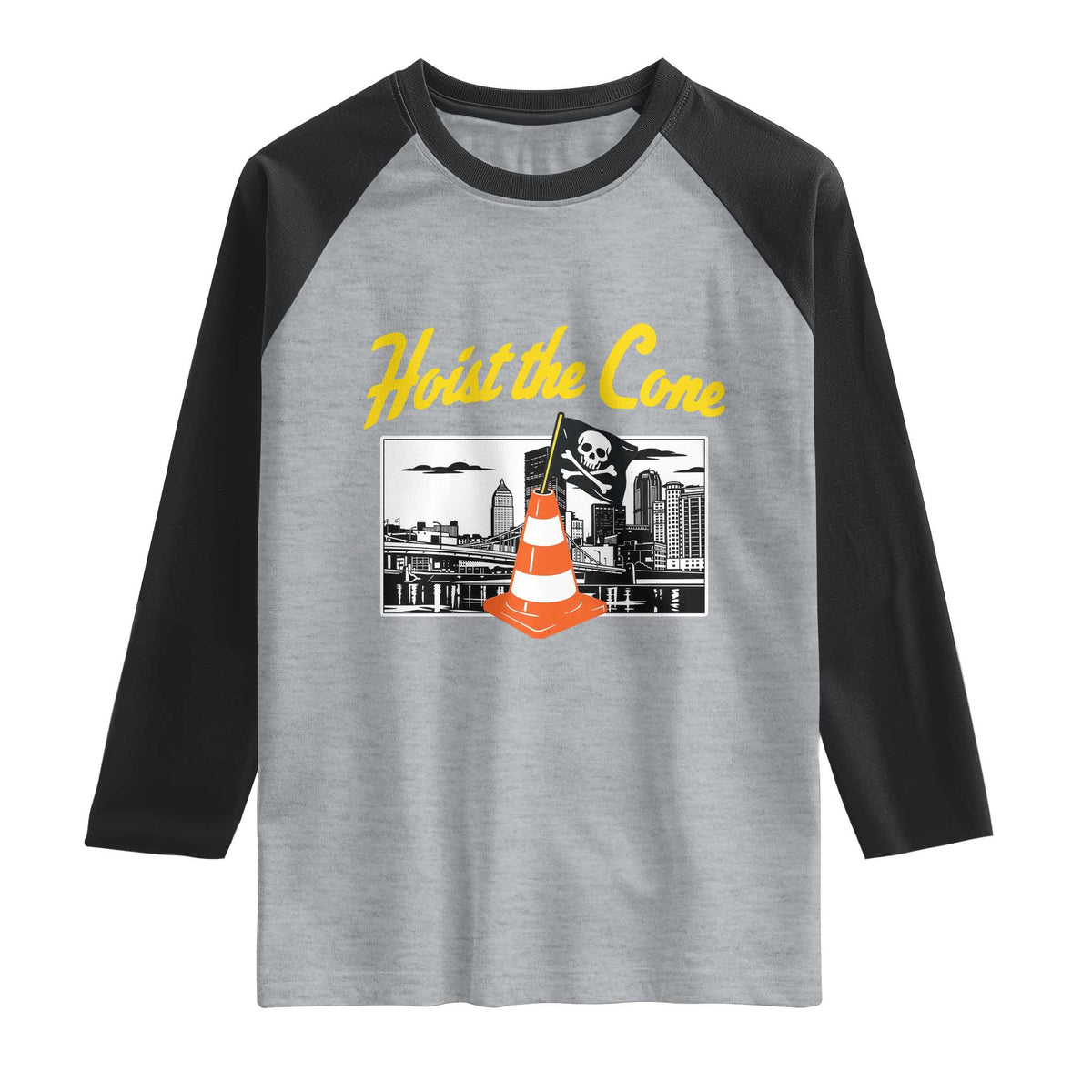Pittsburgh Skyline Victory Hoist The Cone Meme Raglan Shirt Funny Sports Fan Celebration TS02 Heather Gray Black Print Your Wear