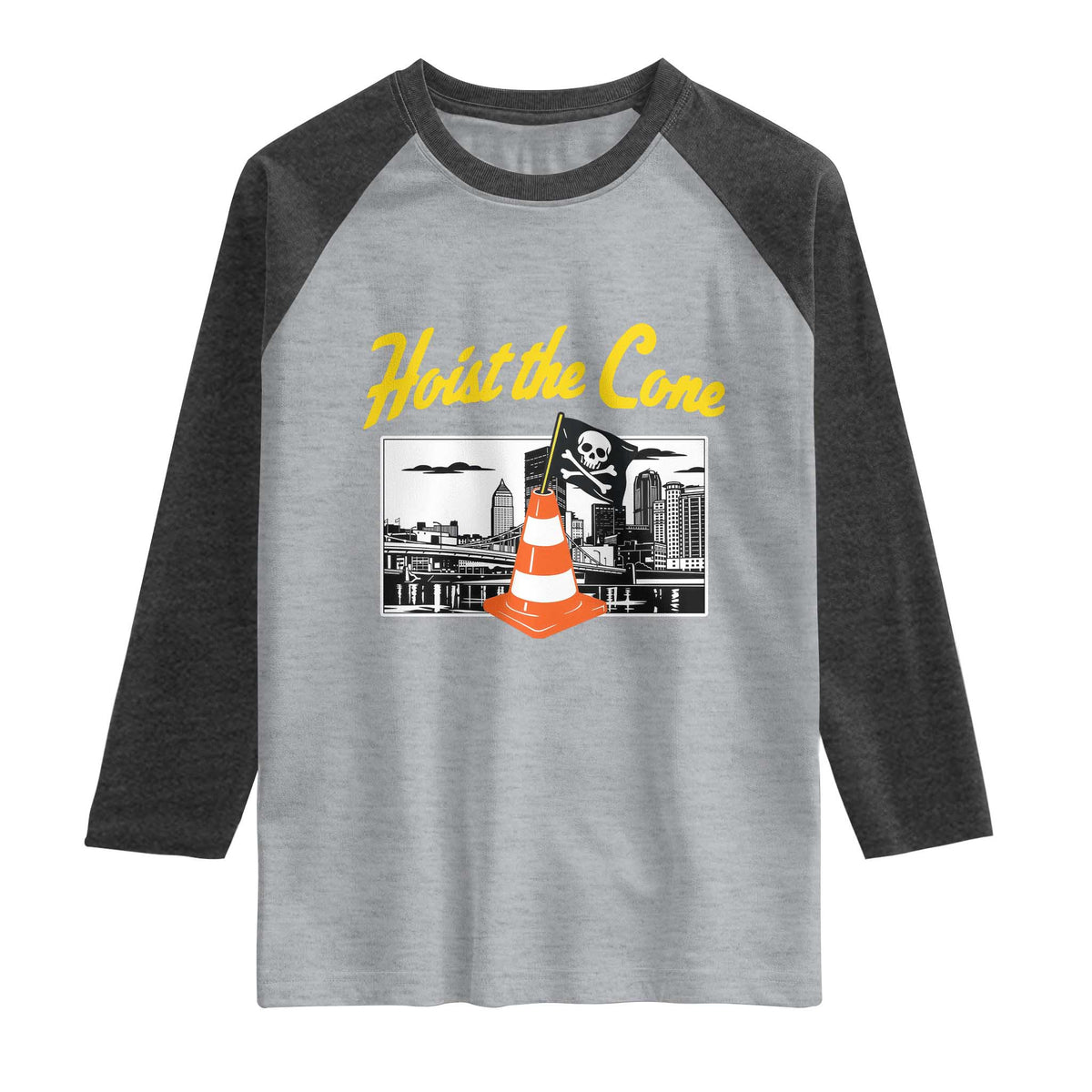 Pittsburgh Skyline Victory Hoist The Cone Meme Raglan Shirt Funny Sports Fan Celebration TS02 Heather Gray Heather Charcoal Print Your Wear