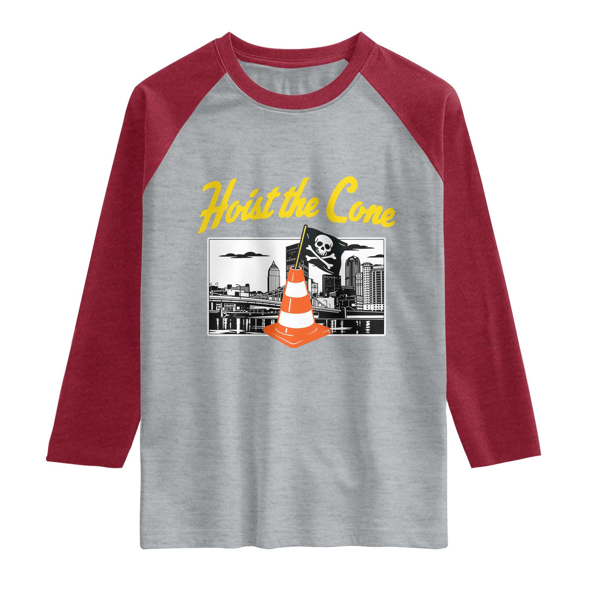 Pittsburgh Skyline Victory Hoist The Cone Meme Raglan Shirt Funny Sports Fan Celebration TS02 Heather Gray Heather Red Print Your Wear
