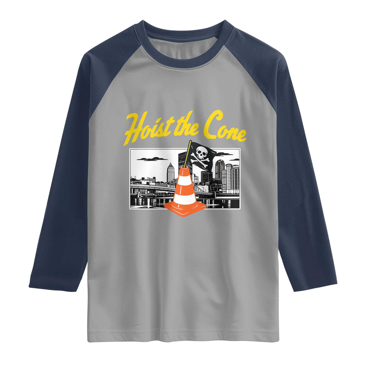 Pittsburgh Skyline Victory Hoist The Cone Meme Raglan Shirt Funny Sports Fan Celebration TS02 Sport Gray Navy Print Your Wear