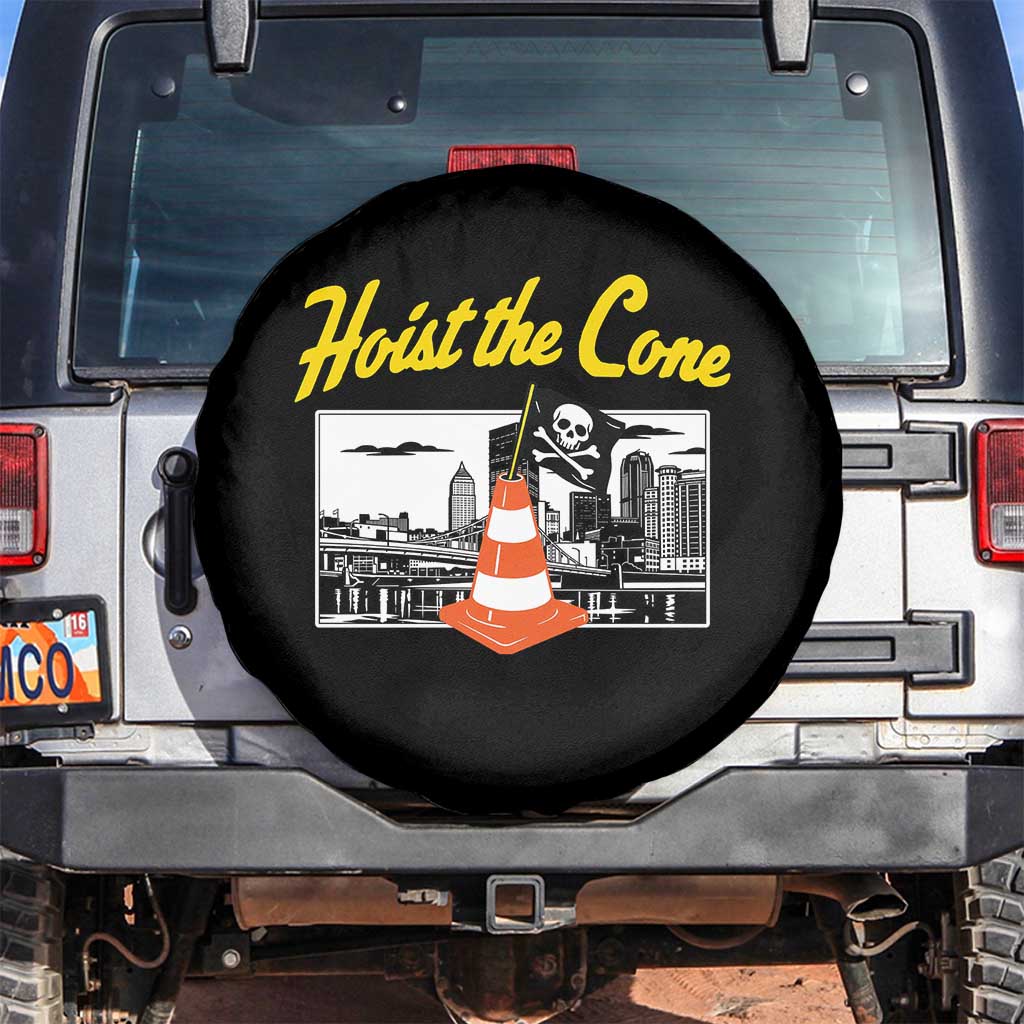 Pittsburgh Skyline Victory Hoist The Cone Meme Spare Tire Cover Funny Sports Fan Celebration TS02 No hole Black Print Your Wear