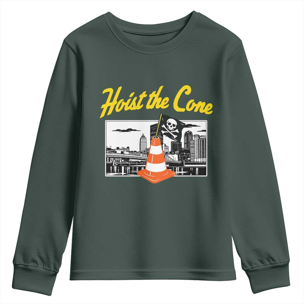 Pittsburgh Skyline Victory Hoist The Cone Meme Youth Sweatshirt Funny Sports Fan Celebration TS02 Dark Forest Green Print Your Wear
