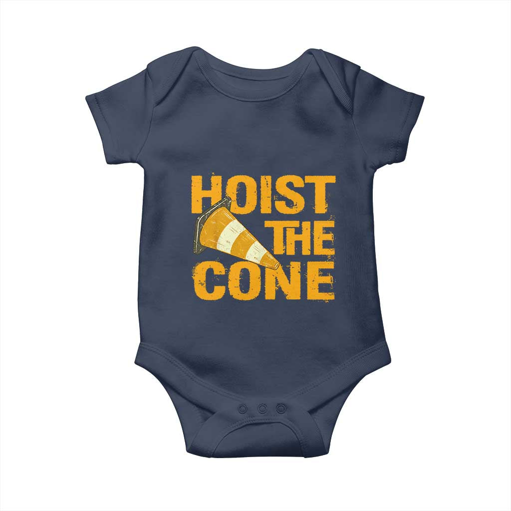 Vintage Hoist The Cone Distressed Graphic Baby Onesie Funny Sports Meme Baseball Fan Victory Celebration TS02 Navy Print Your Wear