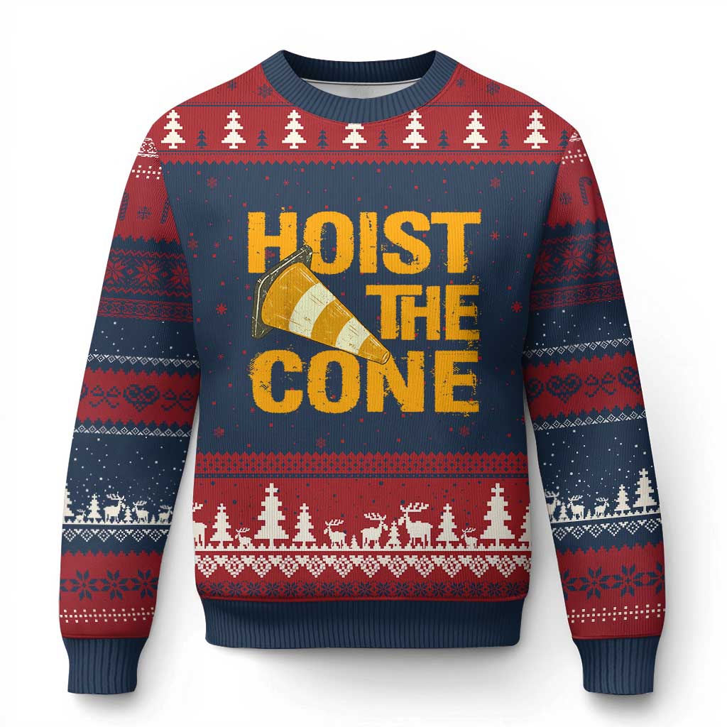 Vintage Hoist The Cone Distressed Graphic Ugly Christmas Sweater Funny Sports Meme Baseball Fan Victory Celebration TS02 Navy Red Print Your Wear