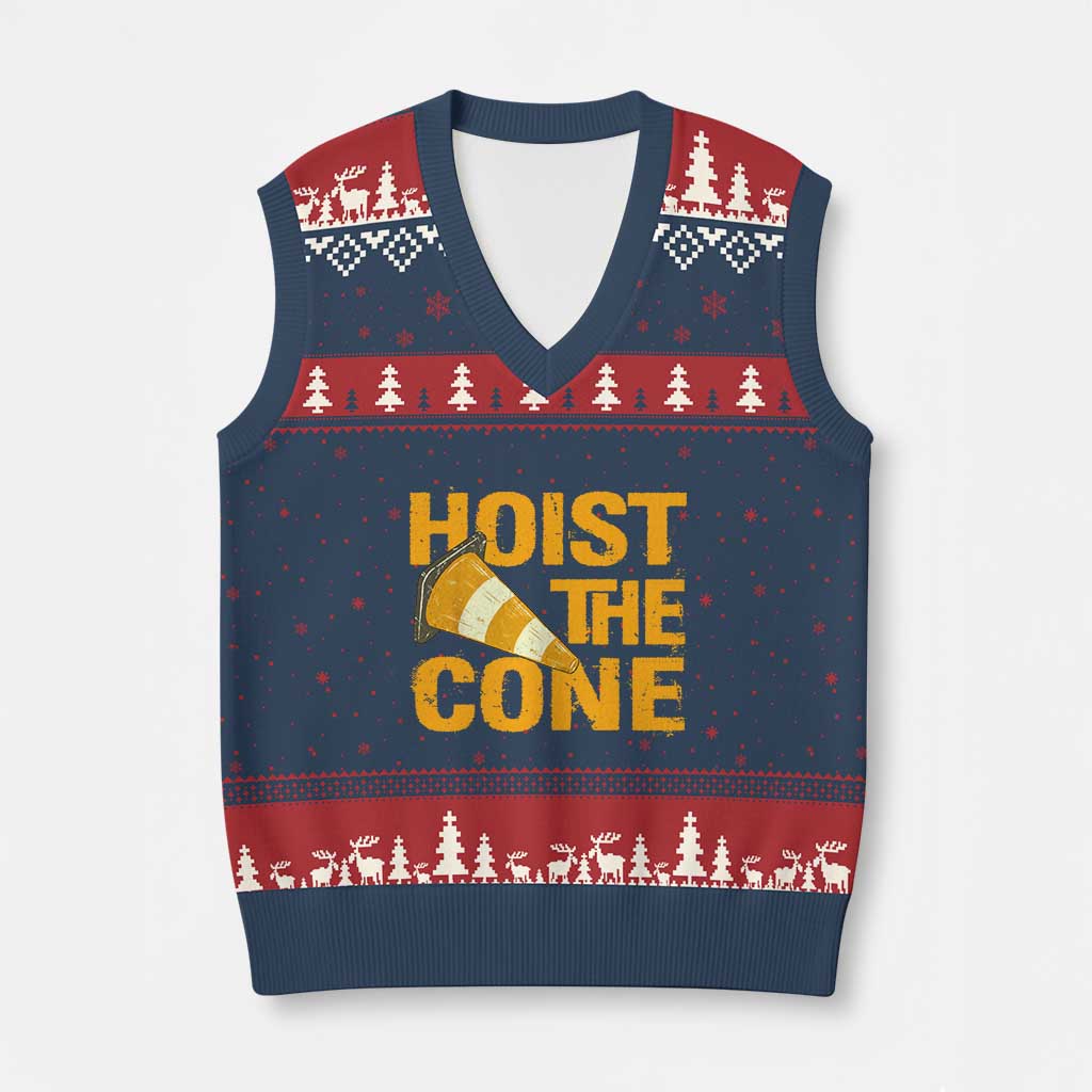 Vintage Hoist The Cone Distressed Graphic V-Neck Knit Sweater Vest Funny Sports Meme Baseball Fan Victory Celebration TS02 Navy Red Print Your Wear