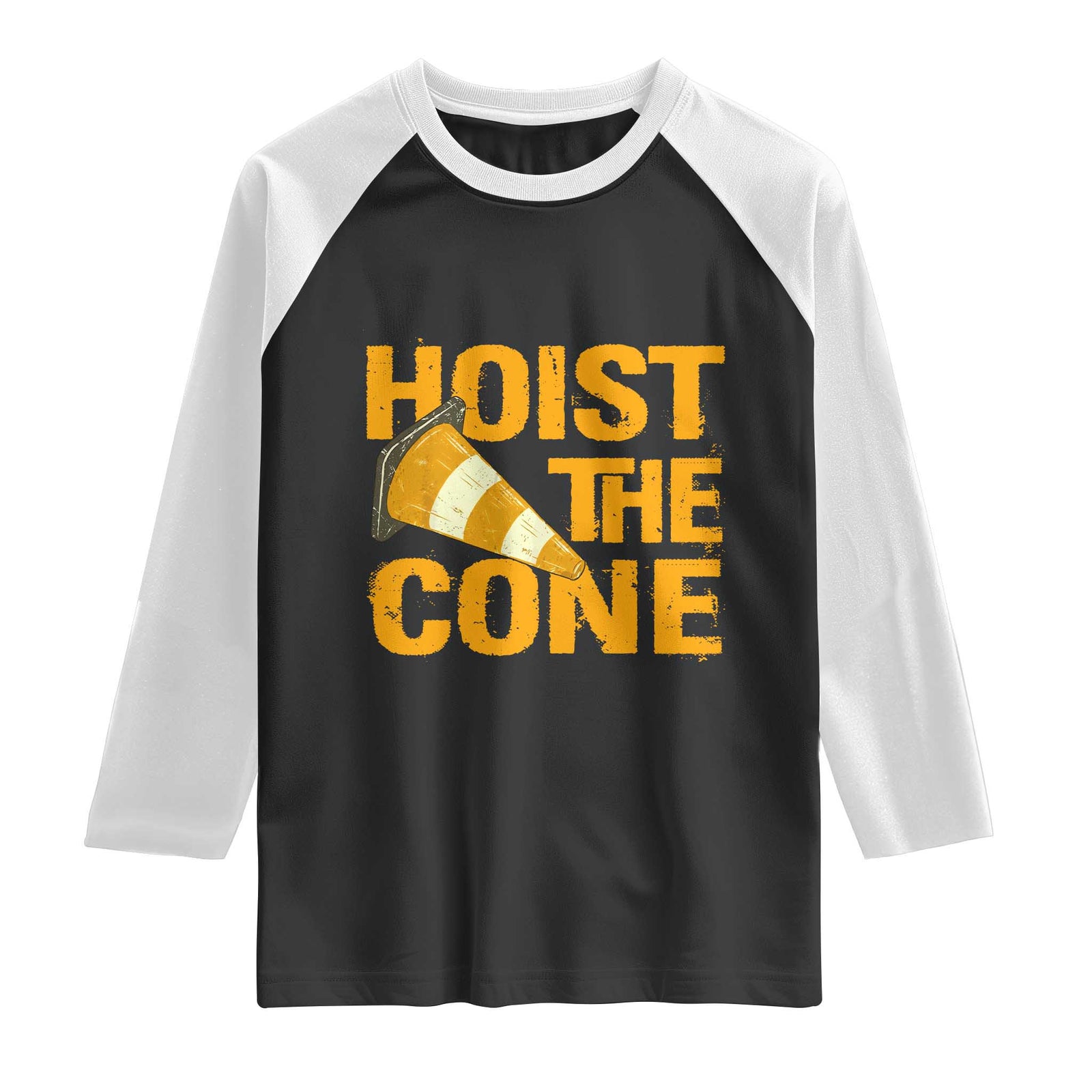 Vintage Hoist The Cone Distressed Graphic Raglan Shirt Funny Sports Meme Baseball Fan Victory Celebration TS02 Black White Print Your Wear