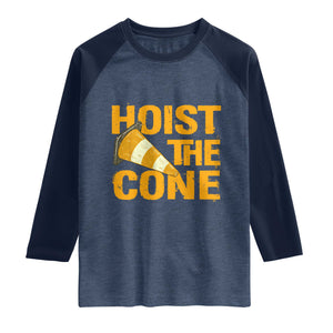 Vintage Hoist The Cone Distressed Graphic Raglan Shirt Funny Sports Meme Baseball Fan Victory Celebration TS02 Heather Denim Navy Print Your Wear