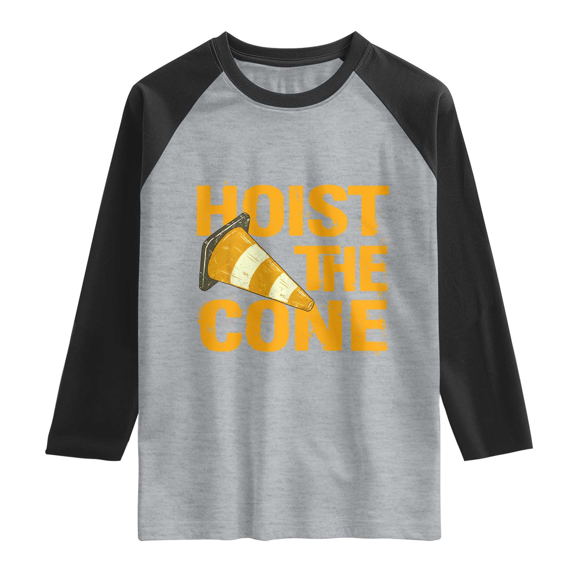 Vintage Hoist The Cone Distressed Graphic Raglan Shirt Funny Sports Meme Baseball Fan Victory Celebration TS02 Heather Gray Black Print Your Wear