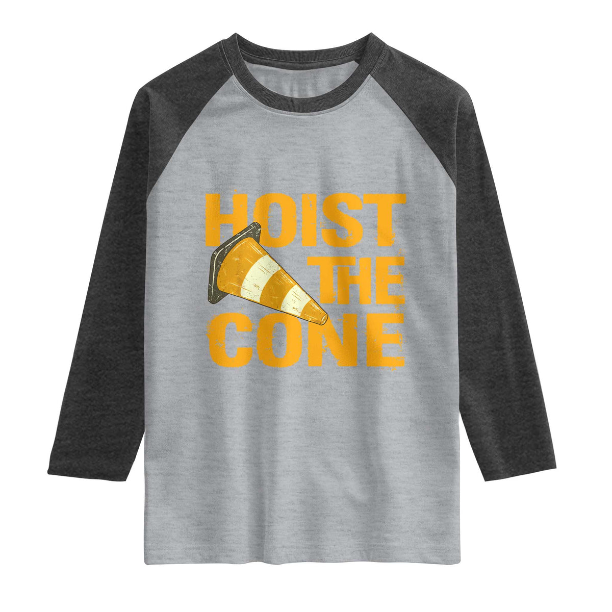 Vintage Hoist The Cone Distressed Graphic Raglan Shirt Funny Sports Meme Baseball Fan Victory Celebration TS02 Heather Gray Heather Charcoal Print Your Wear