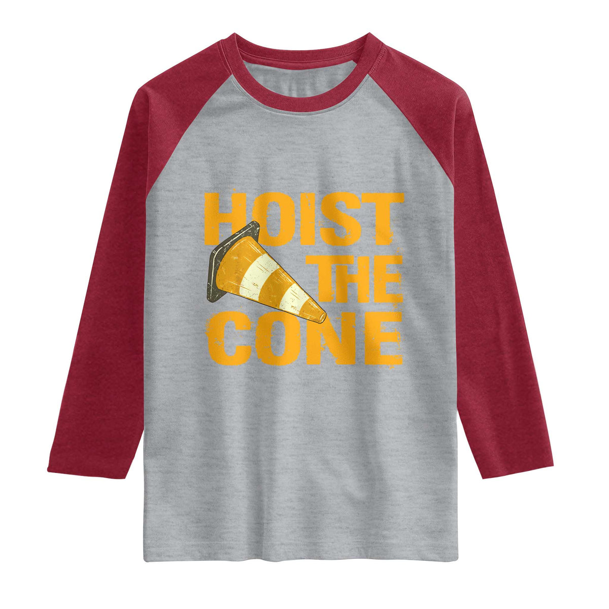 Vintage Hoist The Cone Distressed Graphic Raglan Shirt Funny Sports Meme Baseball Fan Victory Celebration TS02 Heather Gray Heather Red Print Your Wear