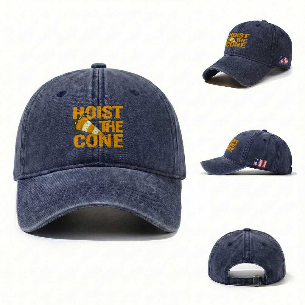 Vintage Hoist The Cone Distressed Graphic Washed Cotton Baseball Cap Funny Sports Meme Baseball Fan Victory Celebration TS02 Washed Cap Universal Fit Navy Print Your Wear