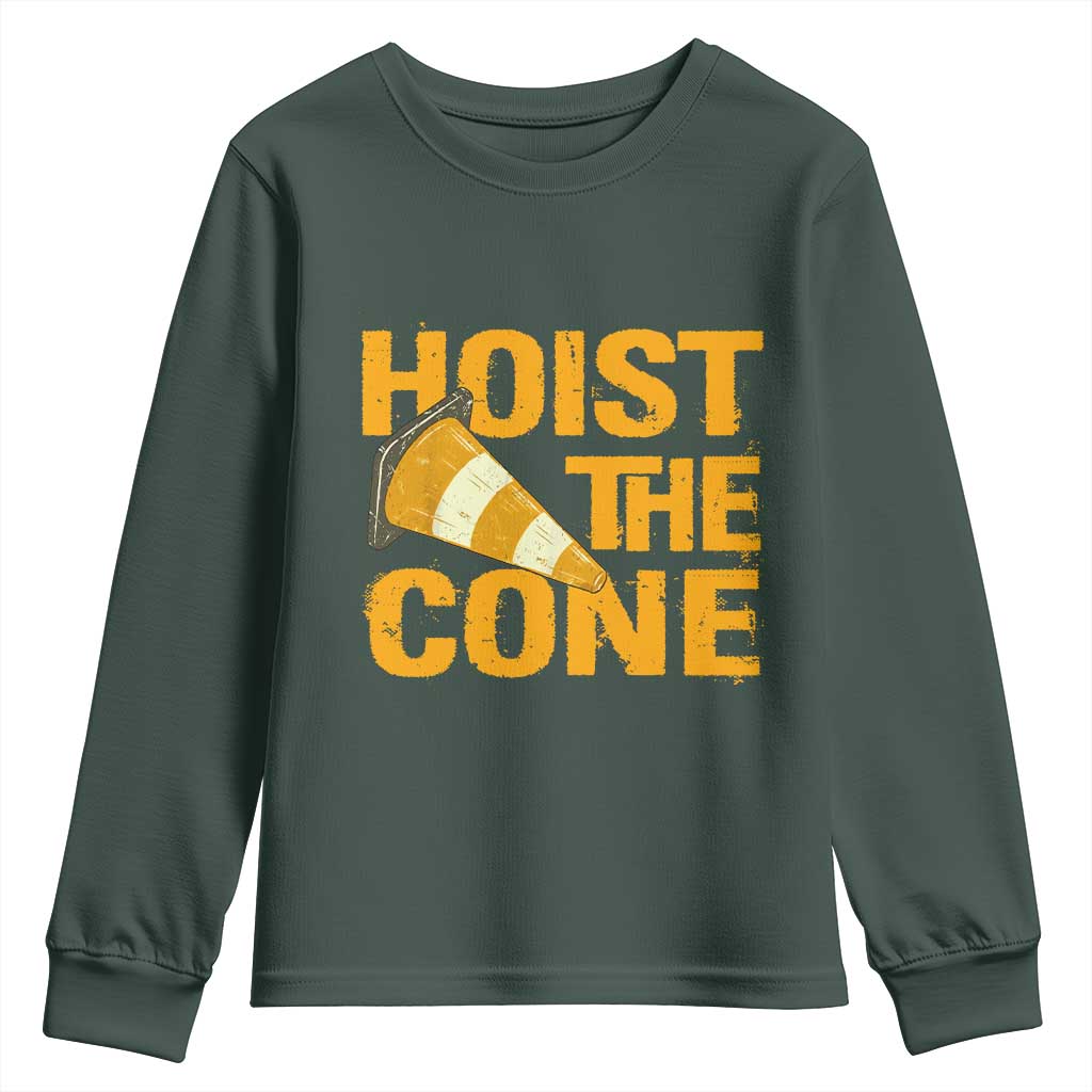 Vintage Hoist The Cone Distressed Graphic Youth Sweatshirt Funny Sports Meme Baseball Fan Victory Celebration TS02 Dark Forest Green Print Your Wear