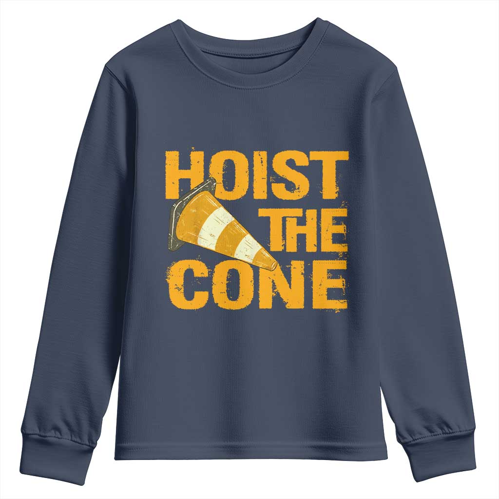 Vintage Hoist The Cone Distressed Graphic Youth Sweatshirt Funny Sports Meme Baseball Fan Victory Celebration TS02 Navy Print Your Wear