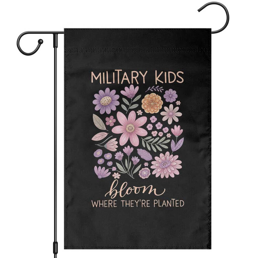 Military Kids Bloom Where They are Planted Garden Flag Purple Up Month of the Military Child Floral Empowerment TS02 Black Print Your Wear