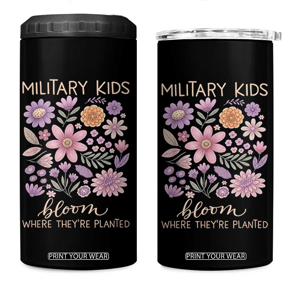 Military Kids Bloom Where They are Planted 4 in 1 Can Cooler Tumbler Purple Up Month of the Military Child Floral Empowerment TS02 One Size: 16 oz Black Print Your Wear