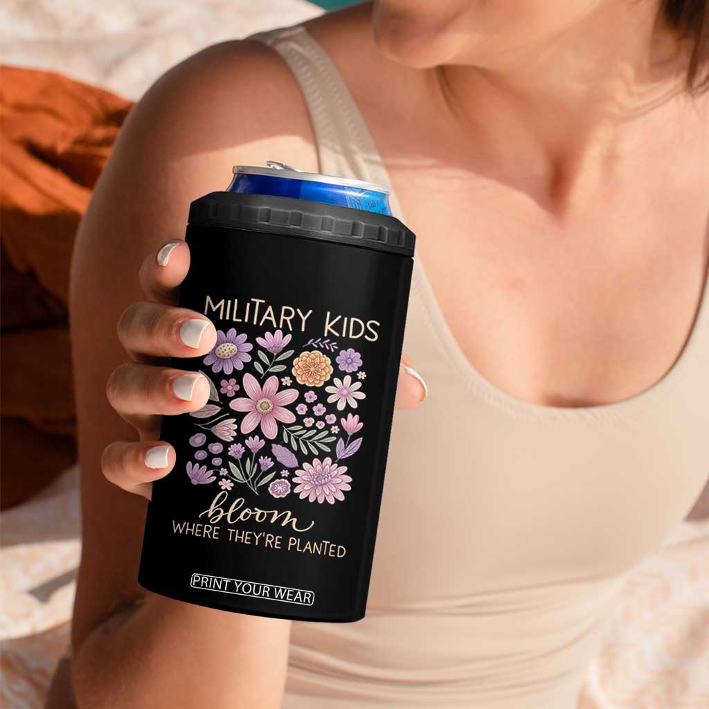 Military Kids Bloom Where They are Planted 4 in 1 Can Cooler Tumbler Purple Up Month of the Military Child Floral Empowerment TS02 Print Your Wear