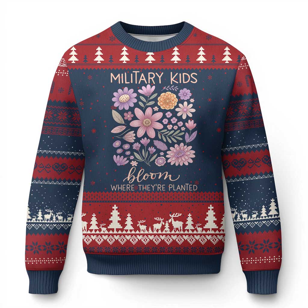Military Kids Bloom Where They are Planted Ugly Christmas Sweater Purple Up Month of the Military Child Floral Empowerment TS02 Navy Red Print Your Wear